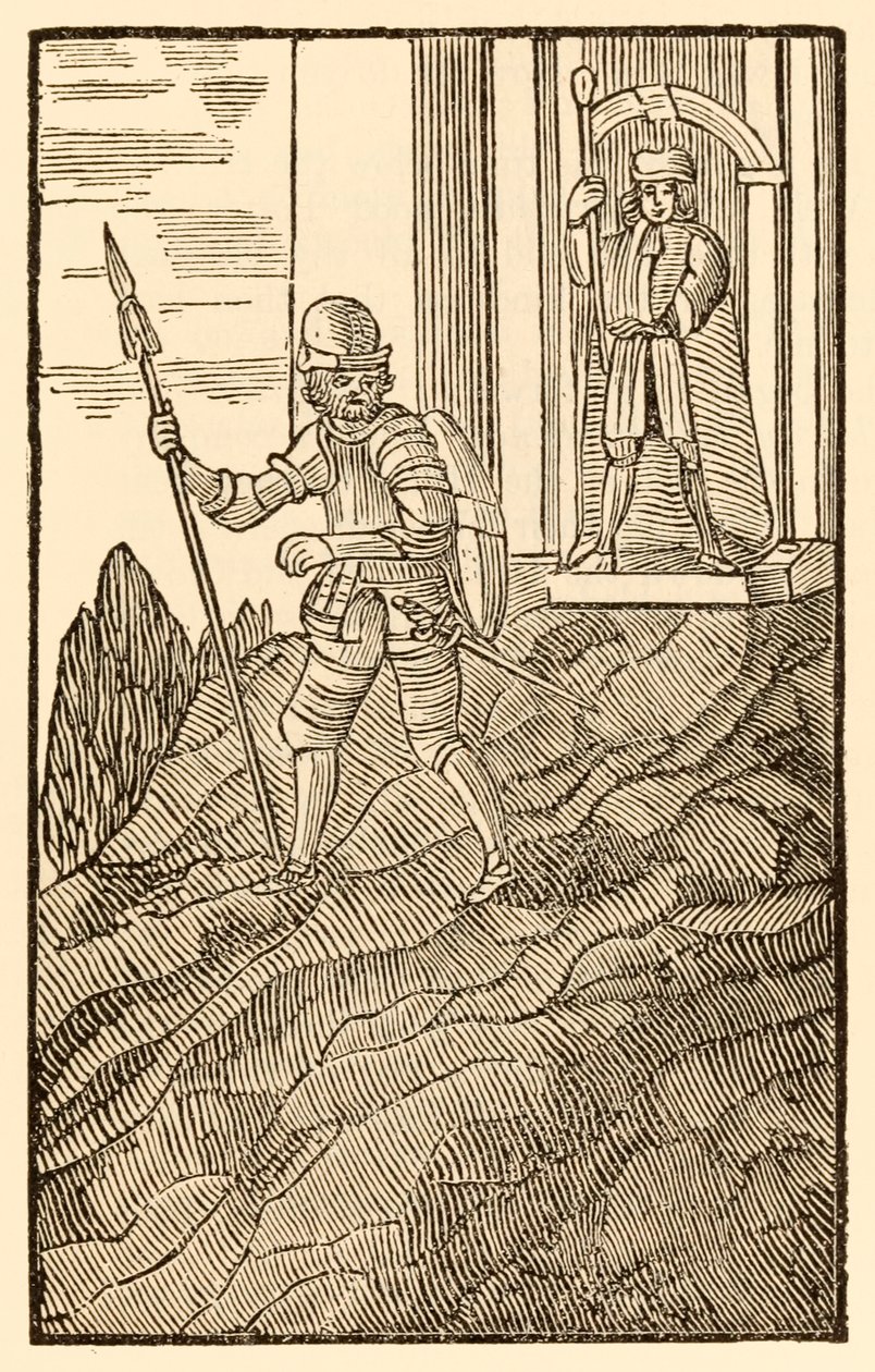John Bunyan'ın "Hacının Bu Dünyadan, Gelecek Olana" İlerlemesi'nden "Hıristiyan dindar dostları arasındayken... Tepeden tırnağa kuzey çeliğinden memnun." by Unknown