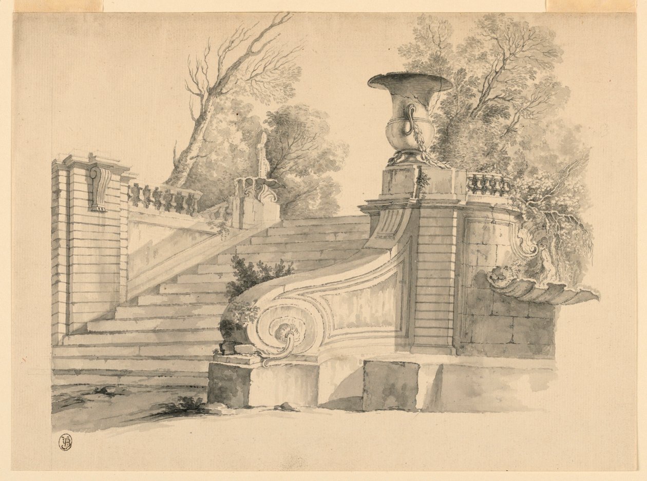 Çizim, Fantezi. Bir parkta bir merdiven, harabeler içinde by Unknown