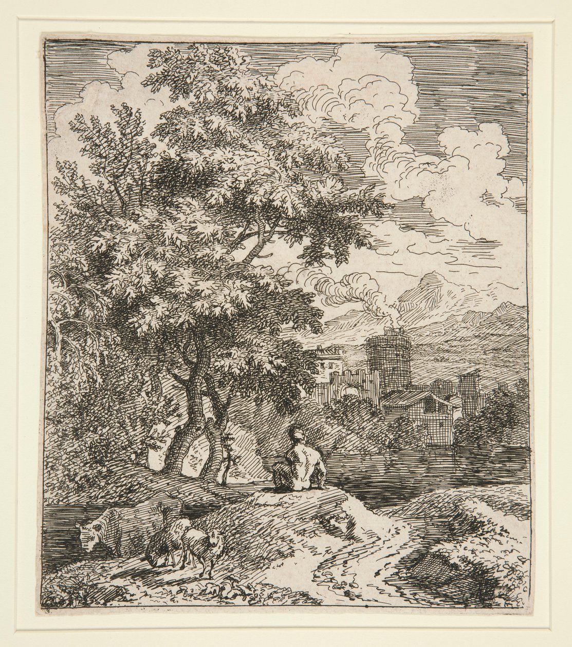 Manzarada Bir Çoban, İki Koyun ve Bir İnek by Unknown