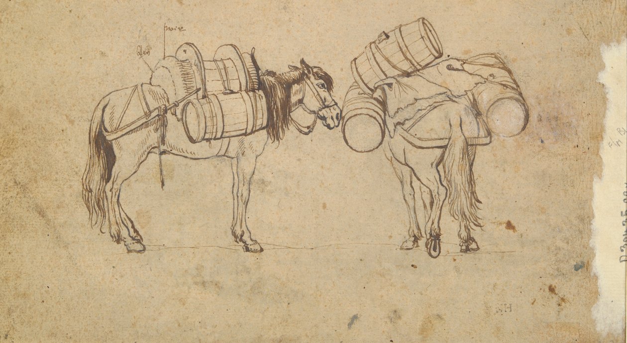 Ripa Grande yakınlarındaki Tiber'den bir görünüm, Roma (recto); Fıçı Taşıyan İki At Çalışması (verso) by Unknown