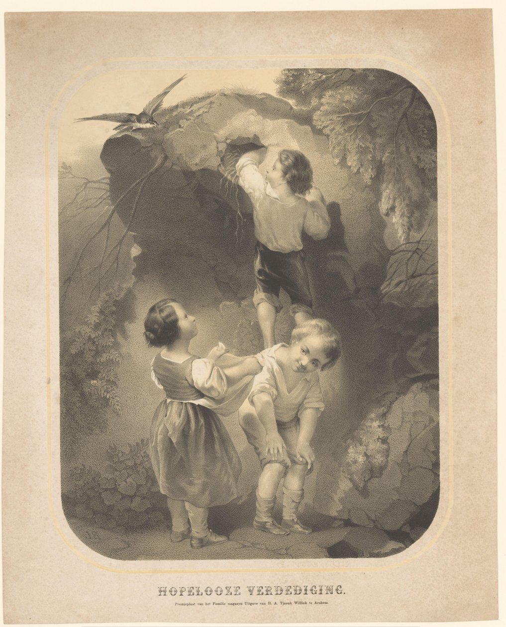 Üç çocuk bir kuşun yuvasından yumurta çaldı Umutsuz Savunma (nesne üzerindeki başlık) by Unknown