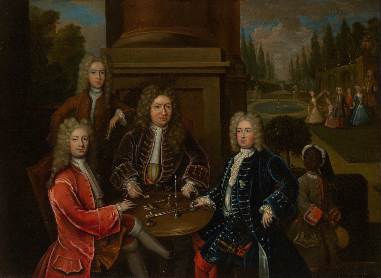 Elihu Yale, İkinci Devonshire Dükü ve Lord James Cavendish ile masada oturuyor by Unknown