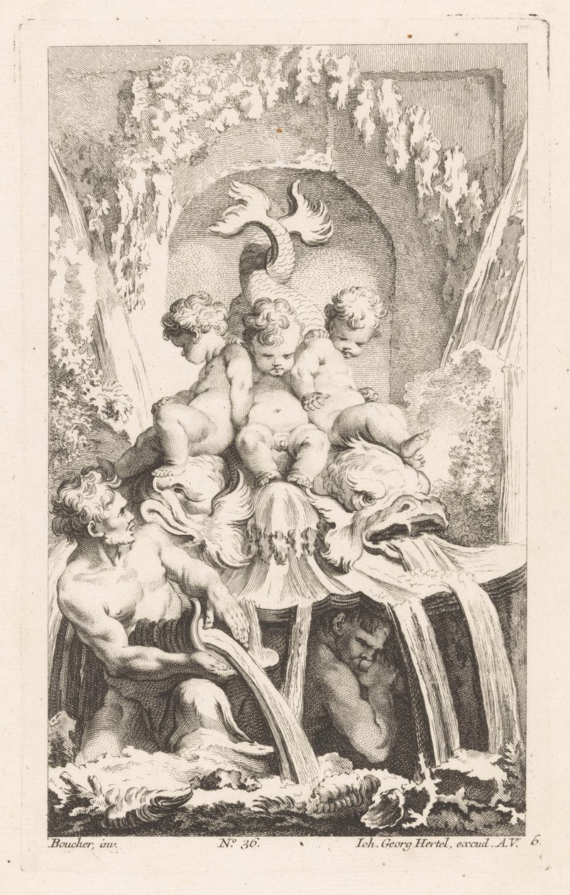 Putti ve yunuslarla çeşme Çeşitli Fontaineler (dizi başlığı) by Unknown