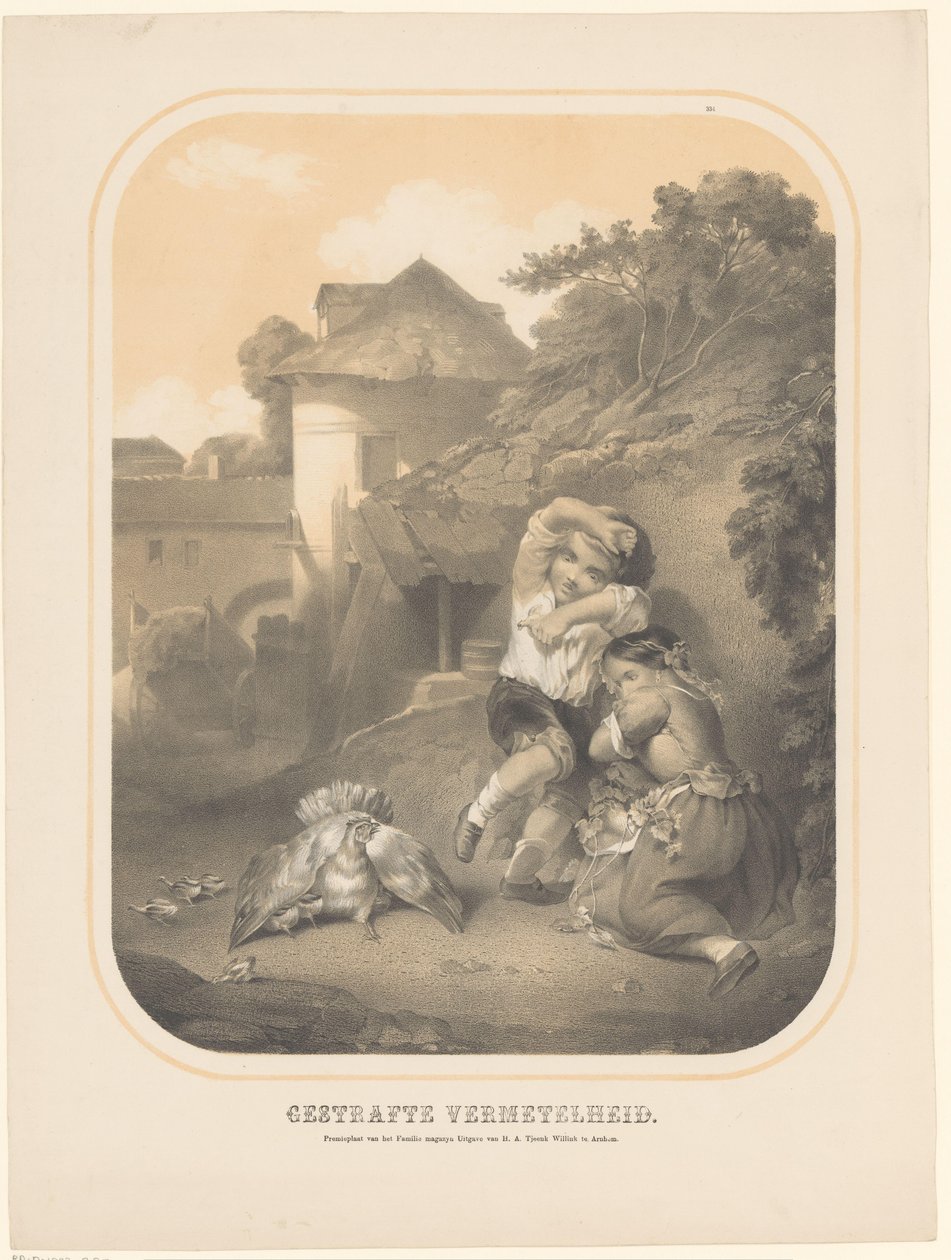 Tavuk civcivlerini iki çocuğa karşı koruyor Cezalandırılmış cüret (nesne üzerindeki başlık) by Unknown
