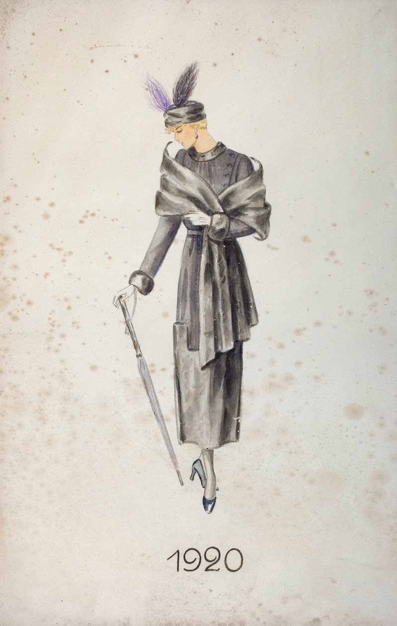 Tüylü bir palto ve şapka giyen, şemsiye taşıyan bir model, 1920 by Unknown