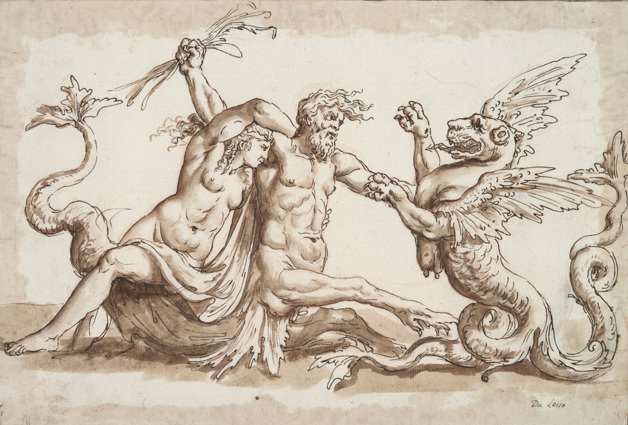 Nereid ve Triton Bir Grifonla Dövüşüyor by Unknown