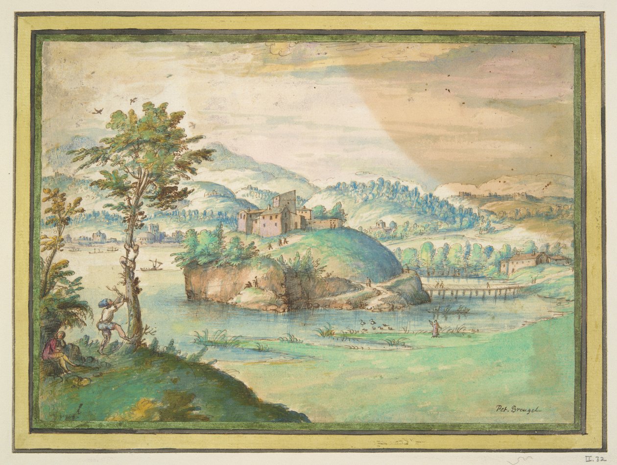 Bir ağaca tırmanan adamla nehir manzarası by Unknown