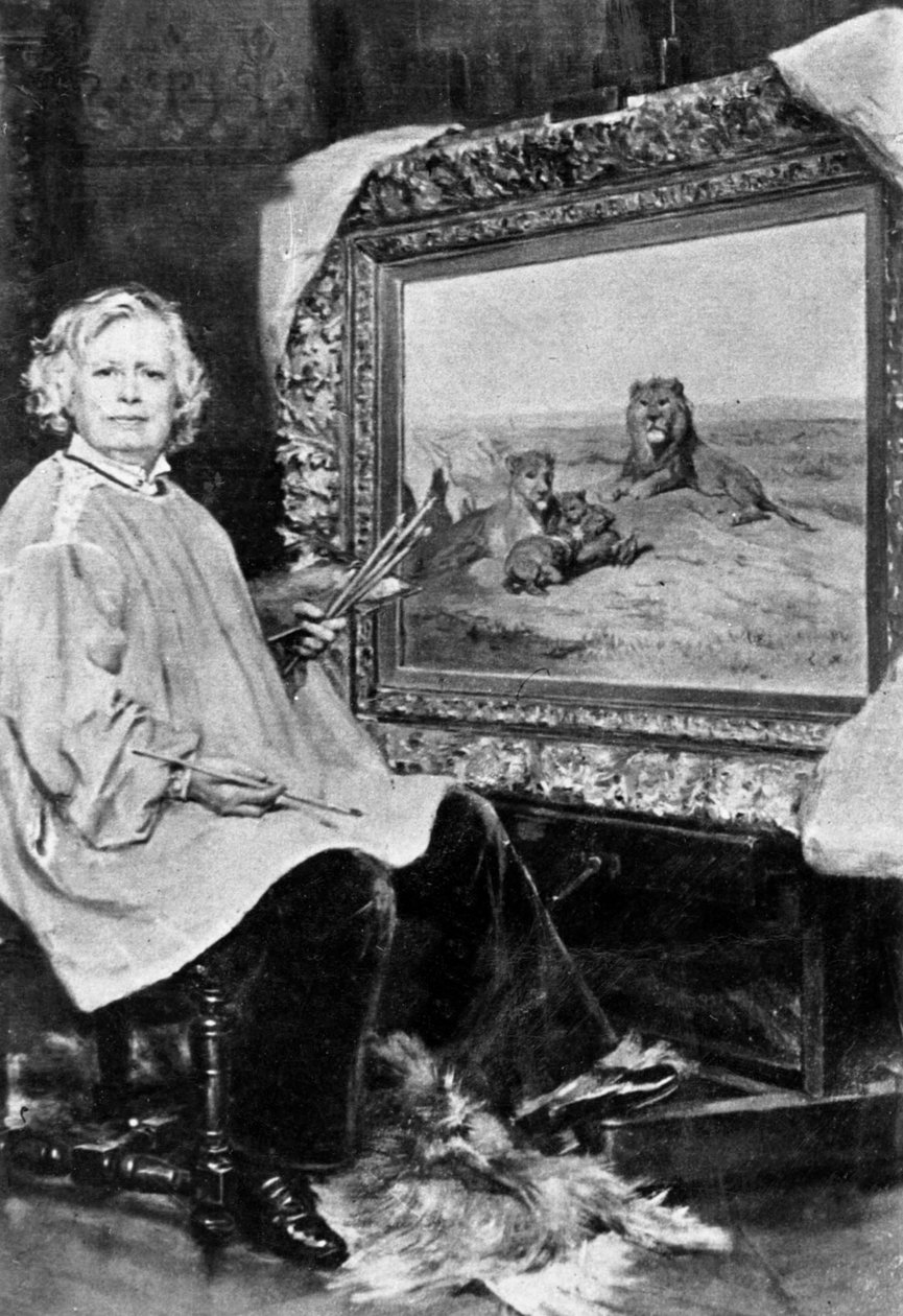 Rosa Bonheur (1822-1899) Fransız vahşi yaşam ressamı burada aslanları temsil eden tuvallerinden birinin önünde c. 1875 by Unknown
