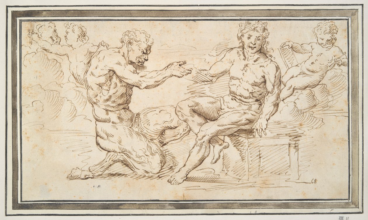 Putti ile Oturan Satyr ve Genç Adam by Unknown