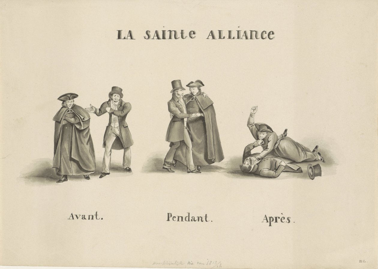 Roma ruhani partisi ile liberal parti arasında Hollanda hükümetine karşı yapılan ittifakın karikatürü, 1828 La Sainte Alliance (nesne üzerindeki başlık) by Unknown
