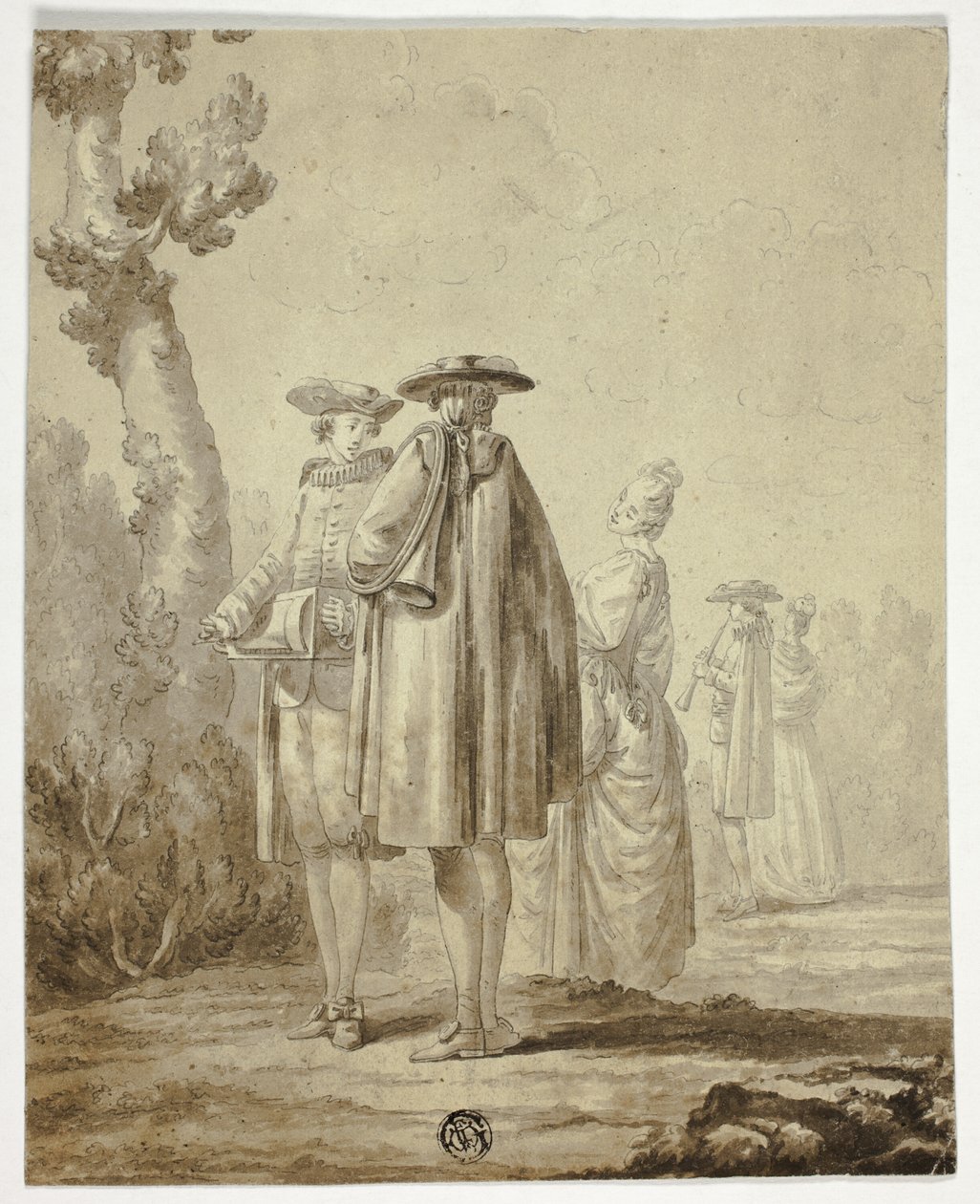 Dış Mekanda Üç Müzisyen ve İki Bayan by Unknown