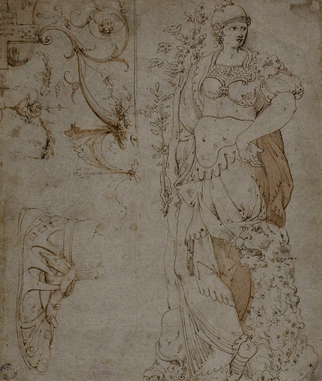 Üç Eskiz: Cesaret, Sandal ve Grotesk (rekto); Grotesk Eskizleri ve Roma Zırhı (ters) by Unknown