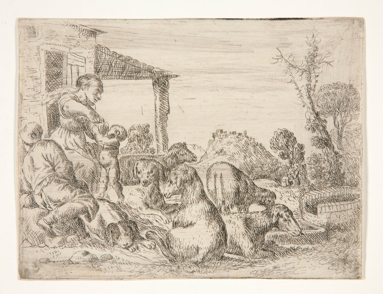 İsimsiz (Bir manzarada köpekleri ve kuzuları olan köylü ailesi) by Unknown