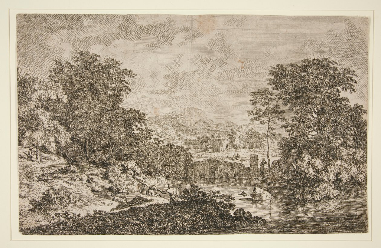 Başlıksız [Pastoral sahne - su kütlesinin yakınında dağlık manzara ve beş figür] by Unknown