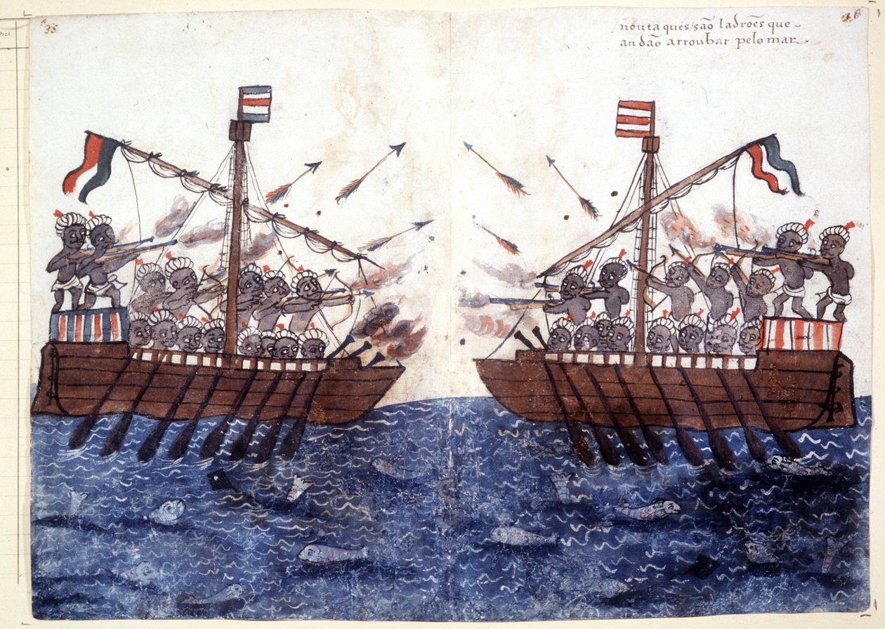 Hint Okyanusu'nda bir korsan gemisiyle karşılaşmayı betimleyen 16. yüzyıl gravürü. Roma biblioteca Casantense. by Unknown artist