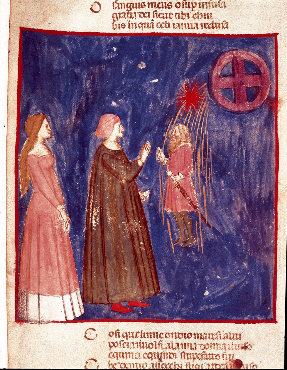 5. cennet: Dante ve Beatrice, savaşçıların ruhlarının göksel alanında Lord Cacciaguida ile buluşuyor. Dante Alighieri