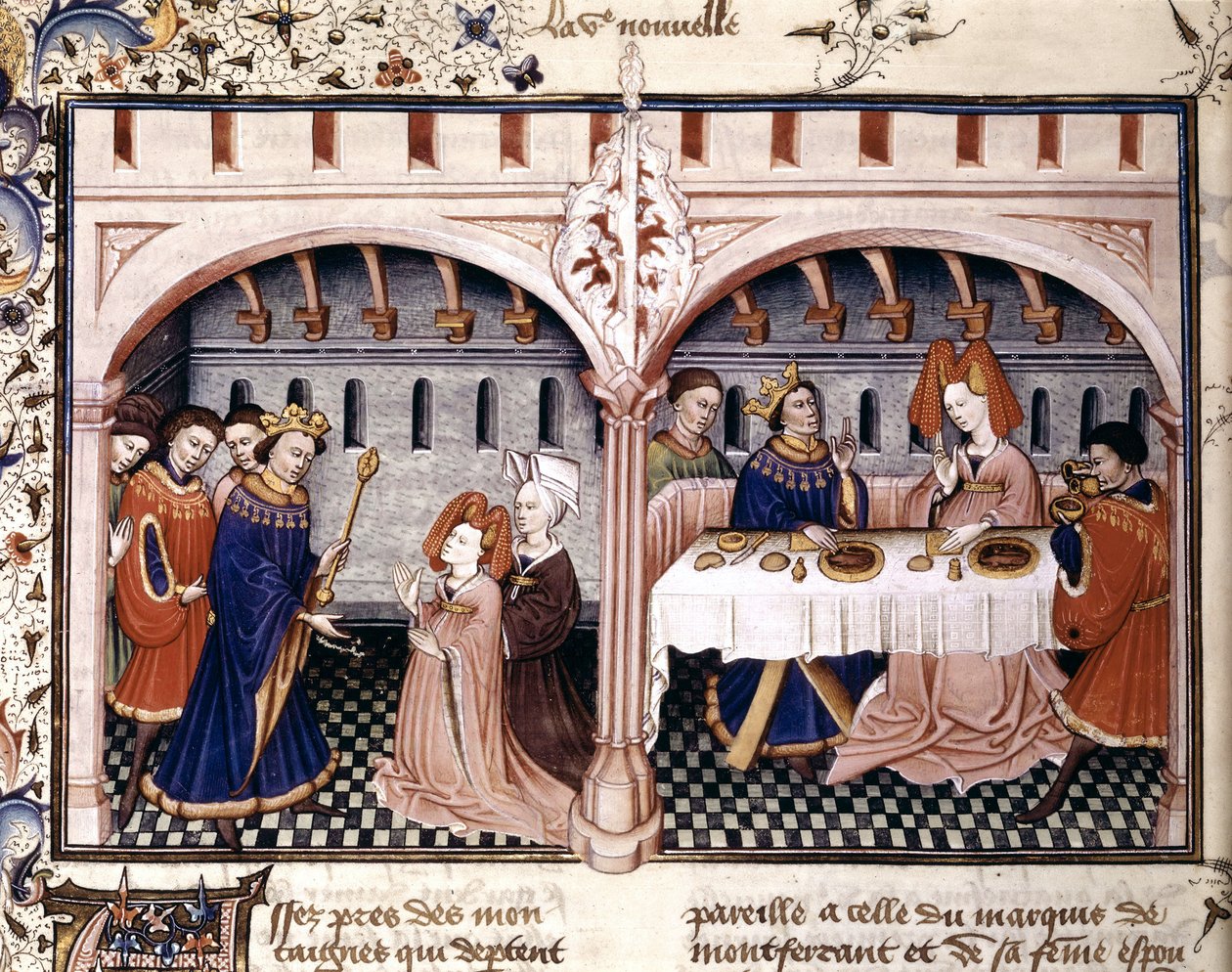 6. kısa öykü: Federigo Alberighi ile öğle yemeği yiyen Giovanna, Boccace'in Decameron'undan (1432) çıkarılan bir tezhiptir. by Unknown artist