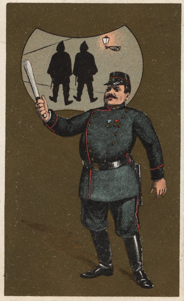 Elinde copuyla üniformalı bir Fransız polisi. Anonim kromolitografi, 19. yüzyılın sonlarında. by Unknown artist