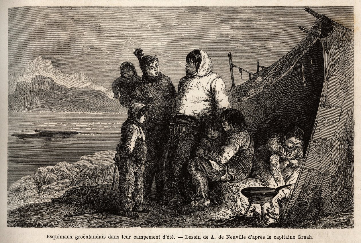 Yaz derileri kampında bir Grönland Inuit ailesi. 1860-1862