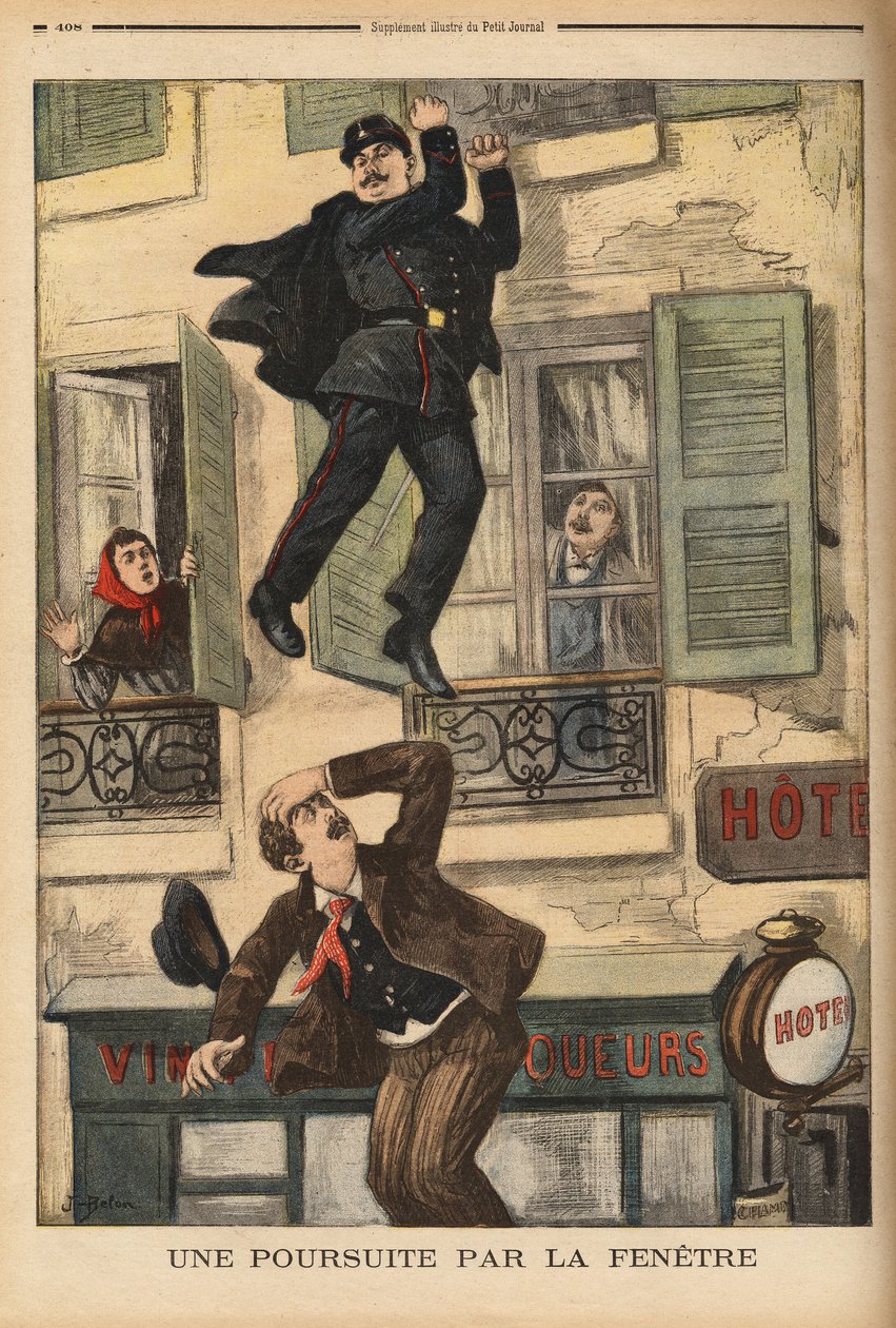 Bir Montreuil polis memuru, peşinden koşanlardan kaçmak için atlayan bir hırsızı kovalamak için kendini pencereden dışarı atmaktan çekinmez. “Le petit Journal”da gravür” 17/12/1899. Selva Koleksiyonu. by Unknown artist
