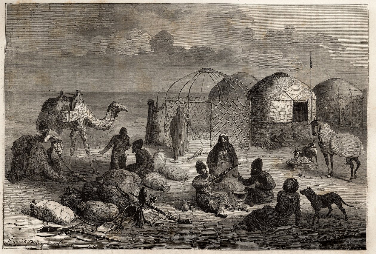 Türkistan ve İran sınırındaki Türkmen kampında, her biri ahşap kafeslerden oluşan ve üzeri keçe kaplı çadırlarda bir aile barınmaktadır. 1860 ve 1860 yılları arasında Henri de Blocqueville