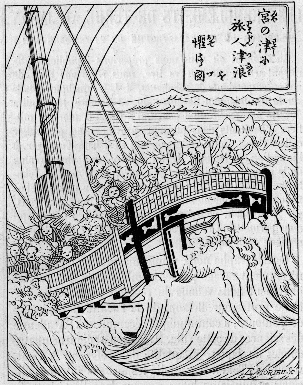 Bir deprem tarafından oluşturulan bir arka plan dalgası. Bir Japon çalışmasından depremlerle ilgili bir gravürün Fac simile (Fac-simile). 5 Aralık 1891 tarihli “” La Nature: revue des sciences et de leurs apps aux arts et a l
