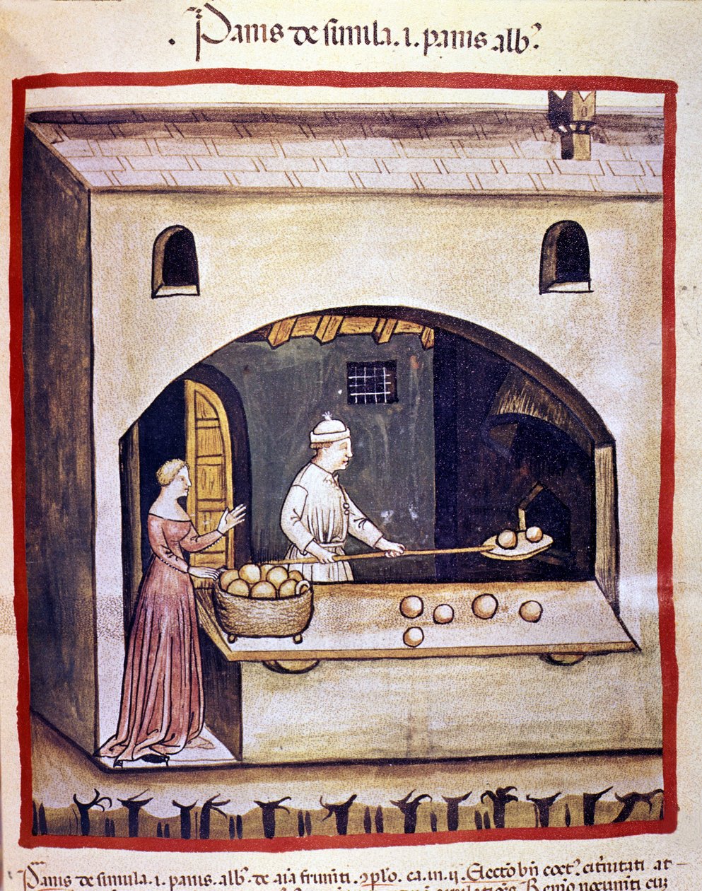 Bir fırıncı beyaz ekmek ve irmik ekmeği hazırlar. İlaç ve diyetetik sağımlarından aydınlatma “” Tacuinum sanitatis”” by Unknown artist