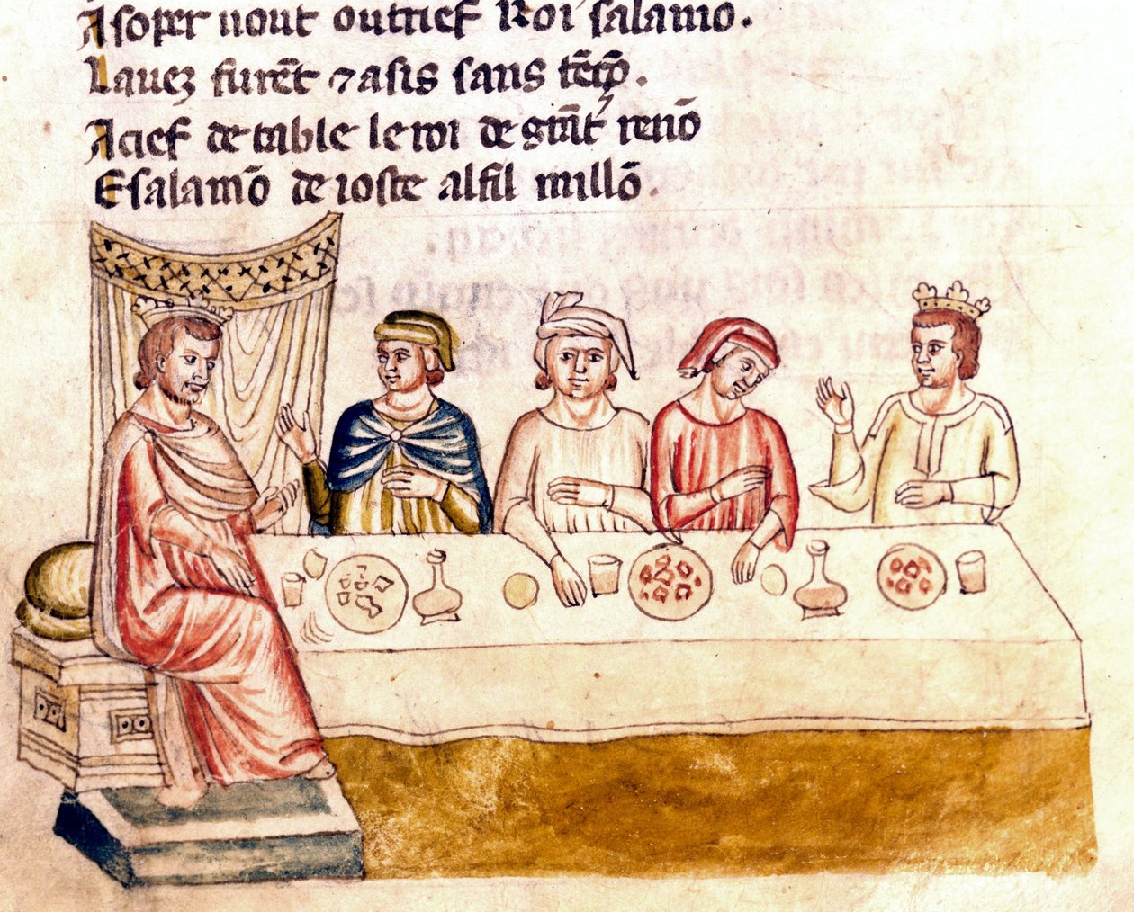 Bir ziyafet sahnesi: bir kral ve misafirleri - “İspanya Girişi” kodeksinden minyatür (Ms.Franc.21) 14. yüzyıl. Biblioteca Marciana, Venedik. by Unknown artist
