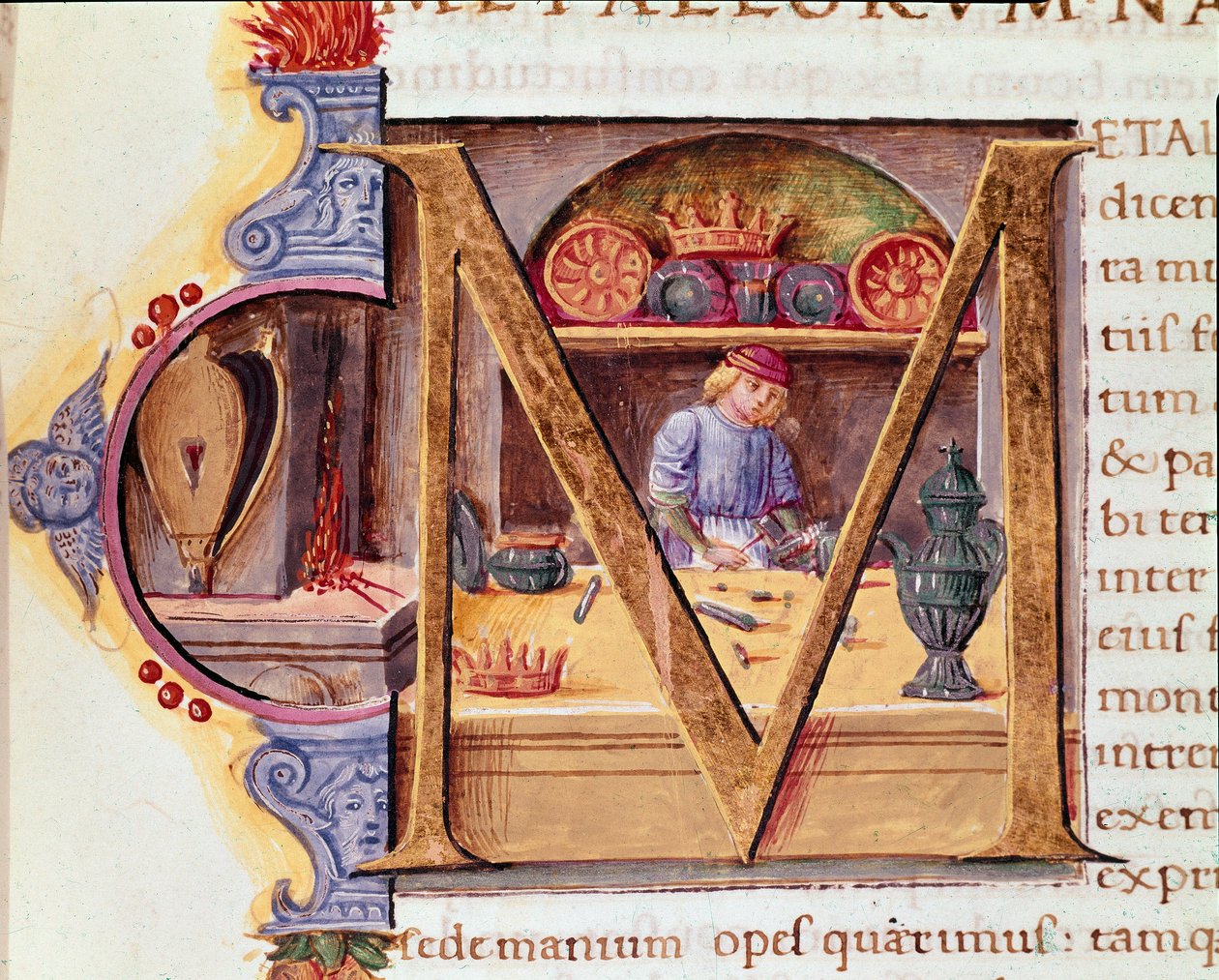 Bir demirci atölyesinde iş başında. Romalı yazar ve natüralist Pliny the Elder (MS 23-79) tarafından yazılan "Doğa Tarihi" Mansukript 15. yüzyıl Venedik Biblioteca Marciana by Unknown artist