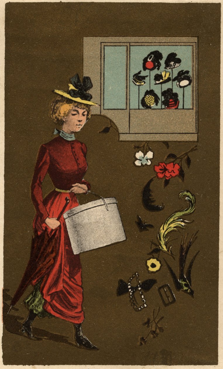 Şapka kutusu taşıyan bir burjuva kadın, anonim kromolitografi, 19. yüzyıl sonu. by Unknown artist