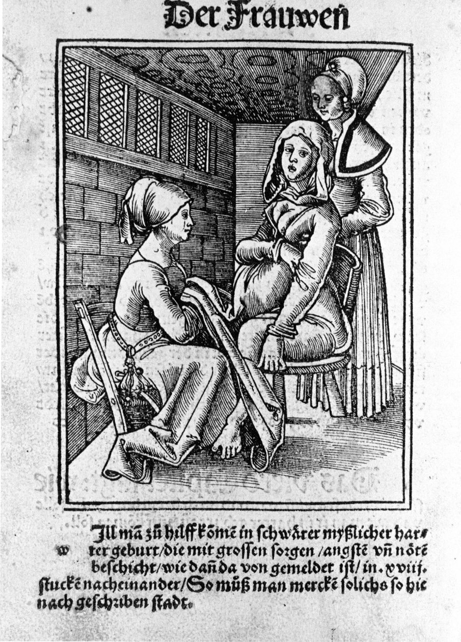 Doğum. Konrad Merkel'in “Hamile kadınlar ve ebeler Rosengarten”den sonra Xylografisi, Hagenau by Unknown artist
