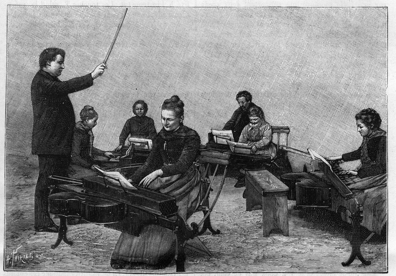 Genç kızlar tarafından yürütülen bir monokord konseri. “” Doğada Gravür. Bilim dergisi ve sanat ve endüstriye uygulamaları. by Unknown artist