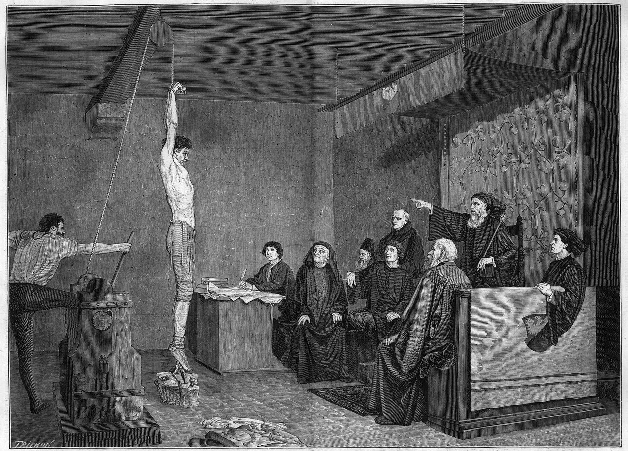 15. yüzyılda bir mahkeme - sorgulama. Soru, ayaklarda ağırlıklarla askıya alınır. Adolphe Steinheil (1850-1908) tarafından Salon de 1875