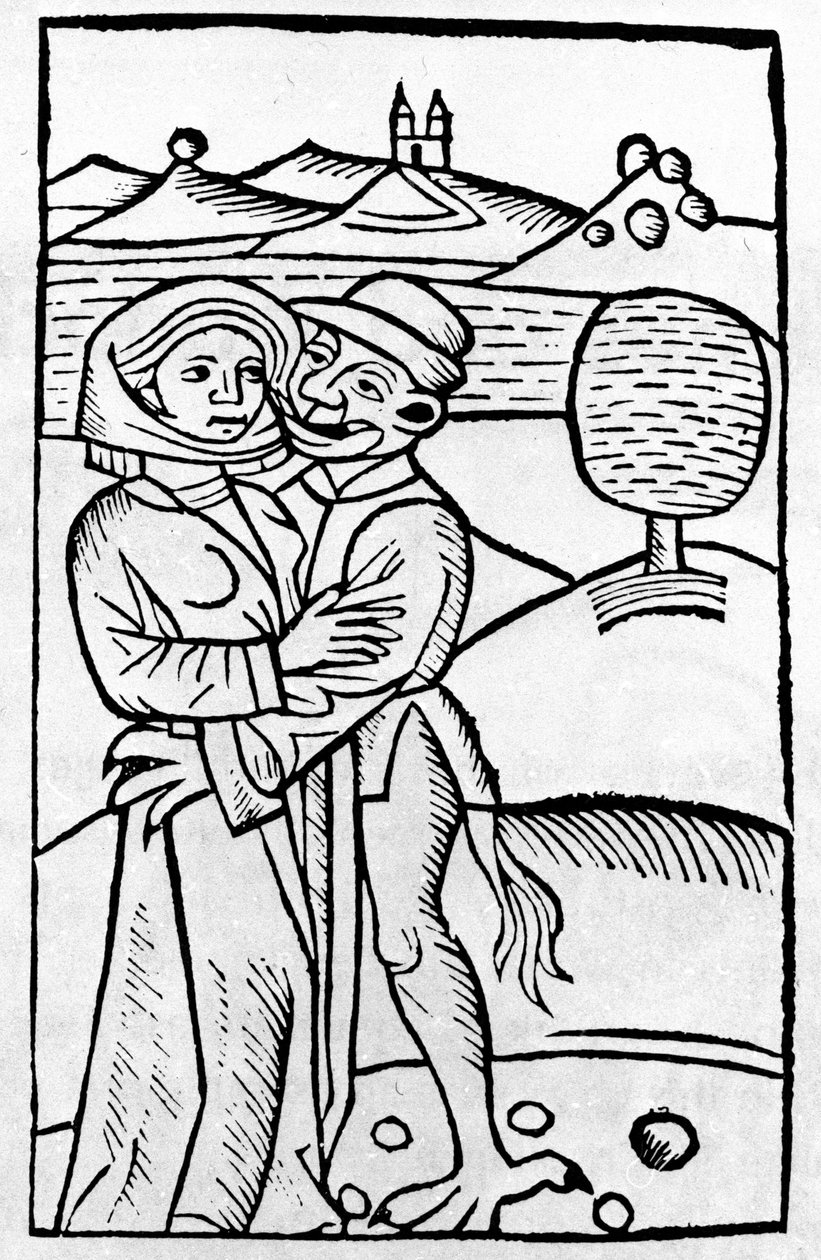 Bir iblis bir cadıyı öper. 16. yüzyıl Alman ksilografisi by Unknown artist