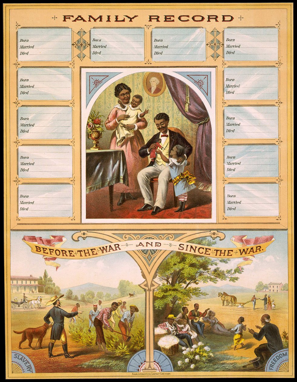 Kölelik ve özgürlüğü karşılaştıran iki çiftliği gösteren bir diyagram. Aile yıldönümlerini kaydetmek için ayrılan yüksek kısım. Gravür v. 1880. by Unknown artist
