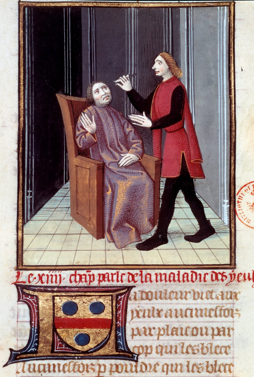 Hastasının gözünü ameliyat eden bir doktor “” Histoire de la medecine”den alınan Minyatür 16. yüzyıl Paris, B.N. by Unknown artist