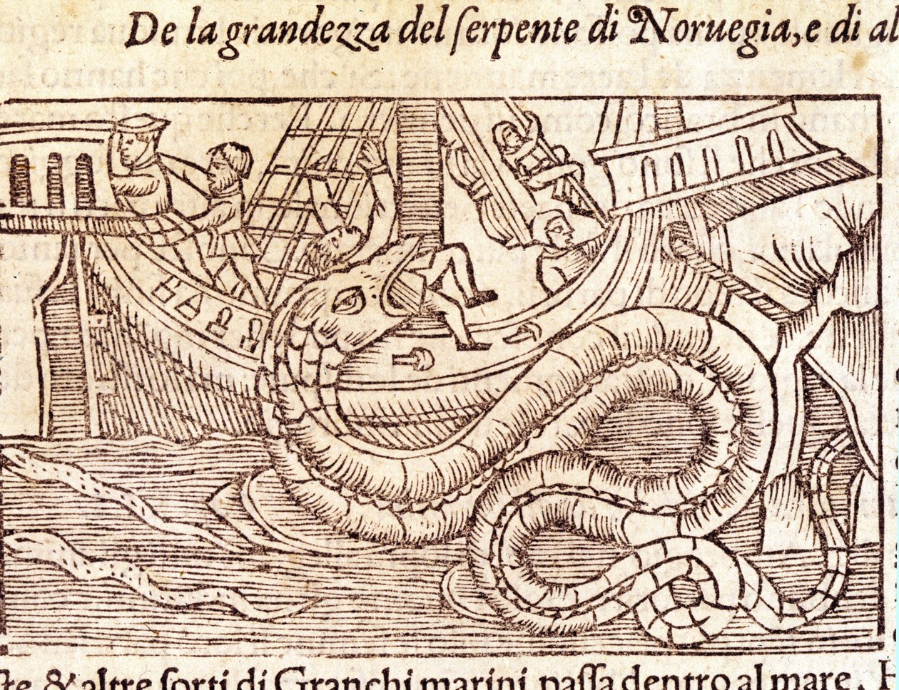 Dev bir deniz yılanı bir gemiye saldırır ve mürettebatını yener. Olaus Magnus (1490 - 1557), İsveçli dindar ve coğrafyacı tarafından gravür, “Historia de Gentis Septentrionalibus”, Venedik by Unknown artist