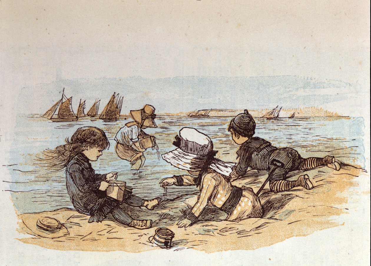 Suyun kenarında kumun üzerinde oynayan bir grup çocuk. 1881 by Unknown artist