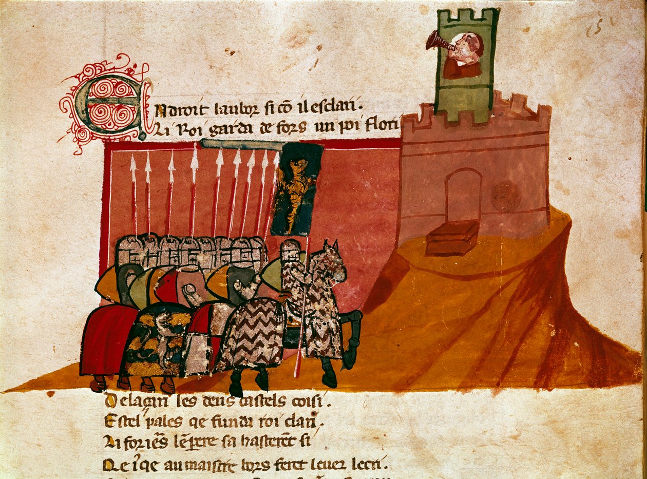 Bir grup Frank şövalyesi, “İspanya Girişi”nden Minyatür bir kaleye gelir. 14. yüzyıl Venedik, Biblioteca Marciana. by Unknown artist