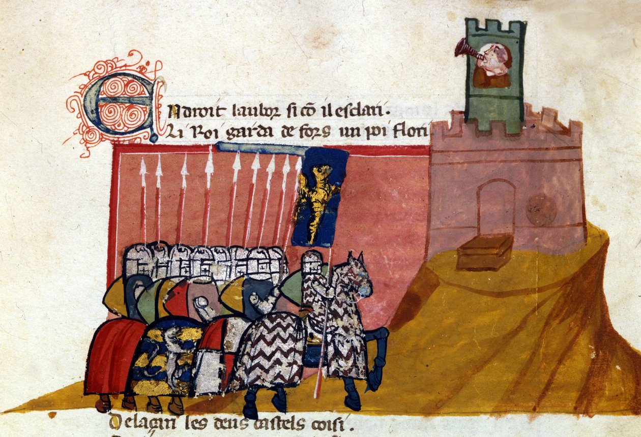 Bir grup dürüst şövalye bir kaleye gelir. “İspanya Antre” den minyatür. 14. yüzyıl Venedik, Biblioteca Marciana. by Unknown artist
