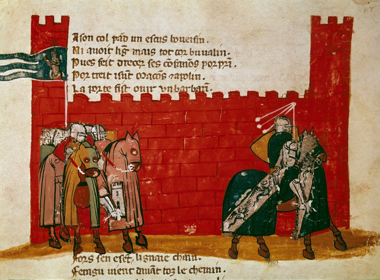 Bir Minyatür kaleden ayrılan bir grup şövalye, “İspanya Girişi”nden”. 14. yüzyıl Venedik, Biblioteca Marciana by Unknown artist