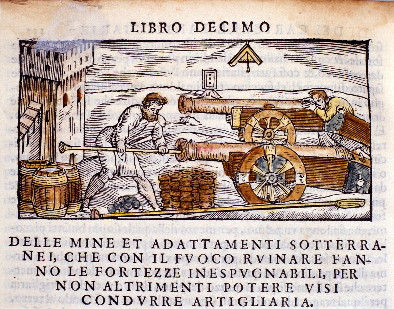 Bir topçu silahına patlayıcı yüklüyor. Vannoccio Biringuccio (1480-1539) 1550 tarafından “De la Pyrotechnia” (veya Pirotechnia) sağım metalurjisinden gravür. by Unknown artist