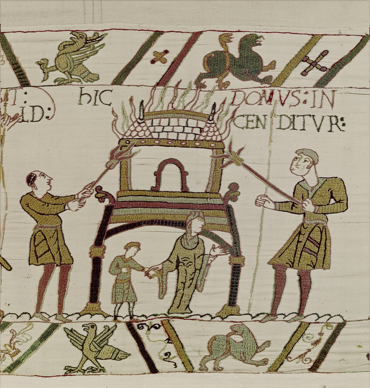 Normanlar tarafından bir ev yakıldı, Bayeux Goblen (keten üzerine yün işlemesi) by Unknown artist