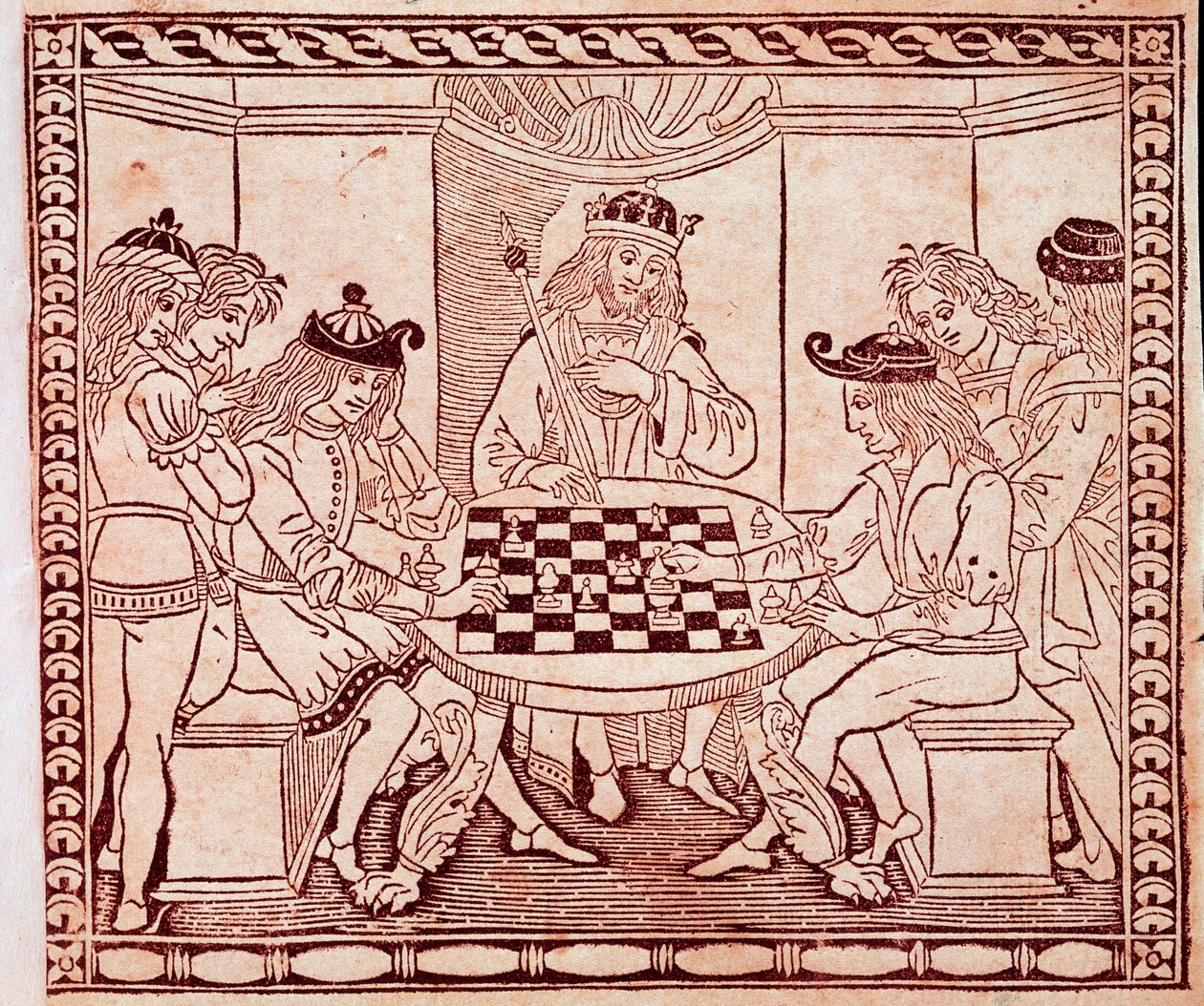 Jacopo de Cessoles (14. yüzyıl) Venedik Biblioteca Marciana'nın “De Ludo Scorcorum” adlı eserinin ön cephesinden bir satranç oyunu Xylography izleyen bir kral by Unknown artist