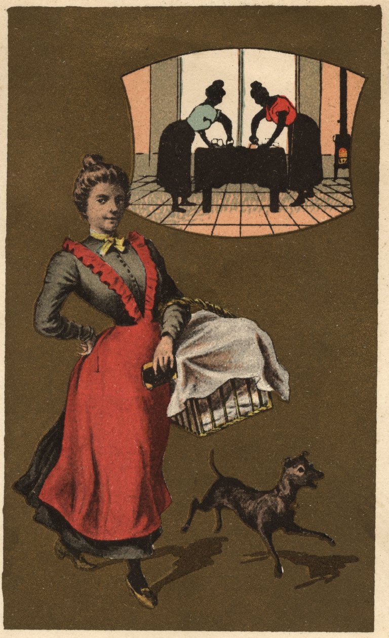Sepet içinde çamaşır taşıyan bir çamaşır makinesi. Anonim kromolitografi, 19. yüzyılın sonlarında. by Unknown artist
