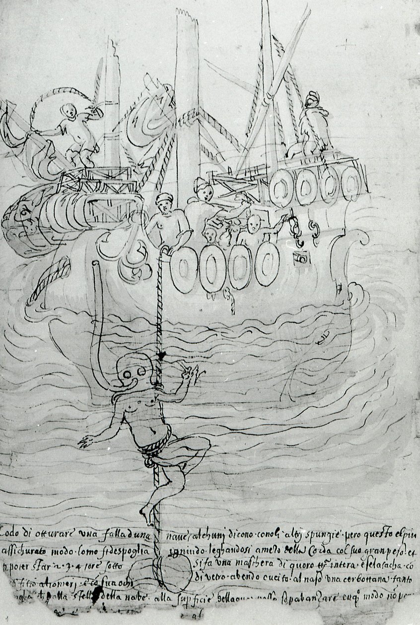 Bir adam bir teknenin gövdesini maskeyle tamir etmeye çalışıyor. by Unknown artist