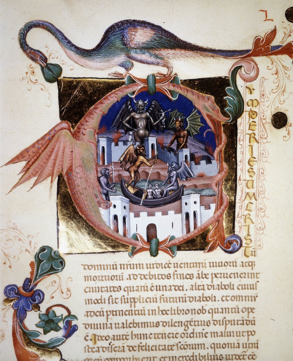 Şeytanın şehrini temsil eden minyatür bir “A” harfi. 14. yüzyıldan kalma el yazması “De Civitate Dei”, Saint Augustine tarafından. Biblioteca Comunale di Rimini by Unknown artist