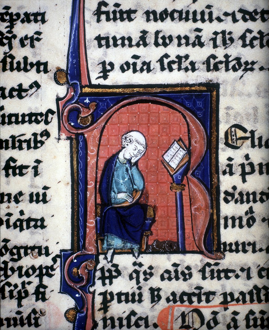 Aristoteles'in bir el yazmasından alınmış, bilge bir adamı temsil eden minyatür bir "R" harfi by Unknown artist