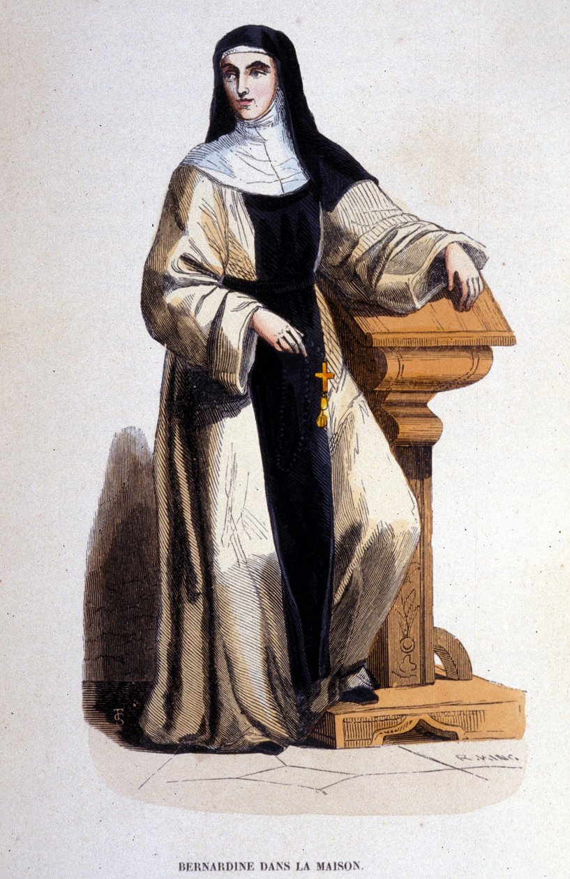 Bir rahibe Bernardine, Aziz Benedict Tarikatı üyesi, 12. yüzyılda Saint Bernard tarafından yeniden düzenlendi. 19. yüzyılın gravürü. by Unknown artist