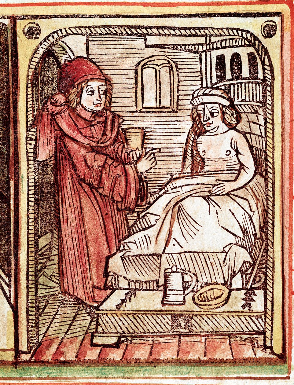 Bir doktor hastasına şifalı bitkilerle yapılan bir tedavi veriyor “Tractatus de pestilentia”dan gravür 15. yüzyıl - Prag, Ulusal Kütüphane by Unknown artist